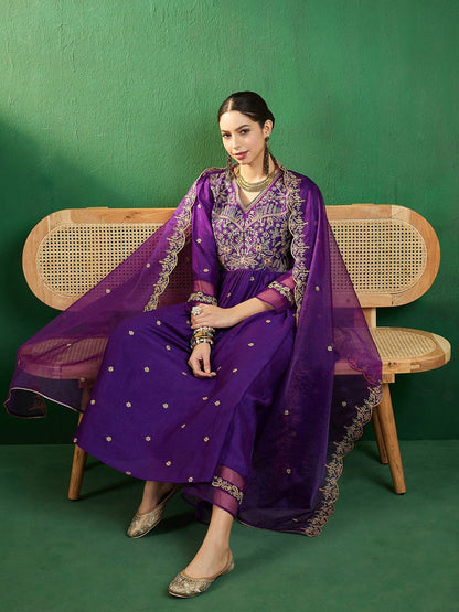Dhiyona SN Purple Ethnic Motifs Embroidered A-Line Kurta With Palazzo & Dupatta