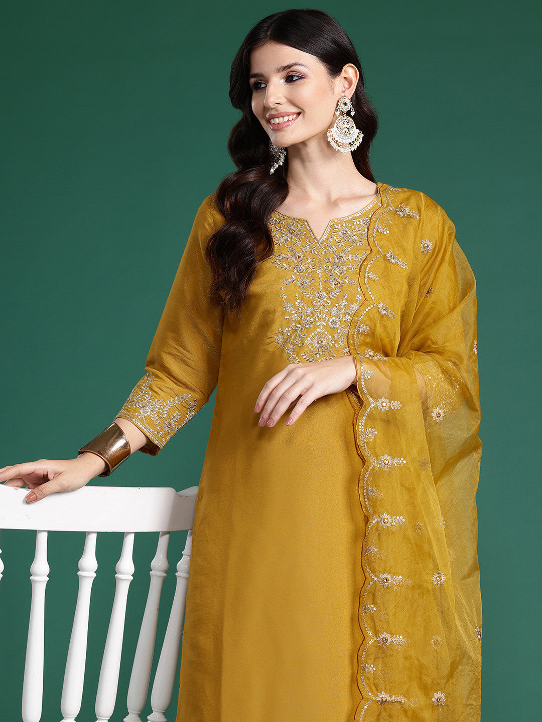 Ethnic Motifs Embroidered Yoke Kurta with Trousers & With Dupatta
