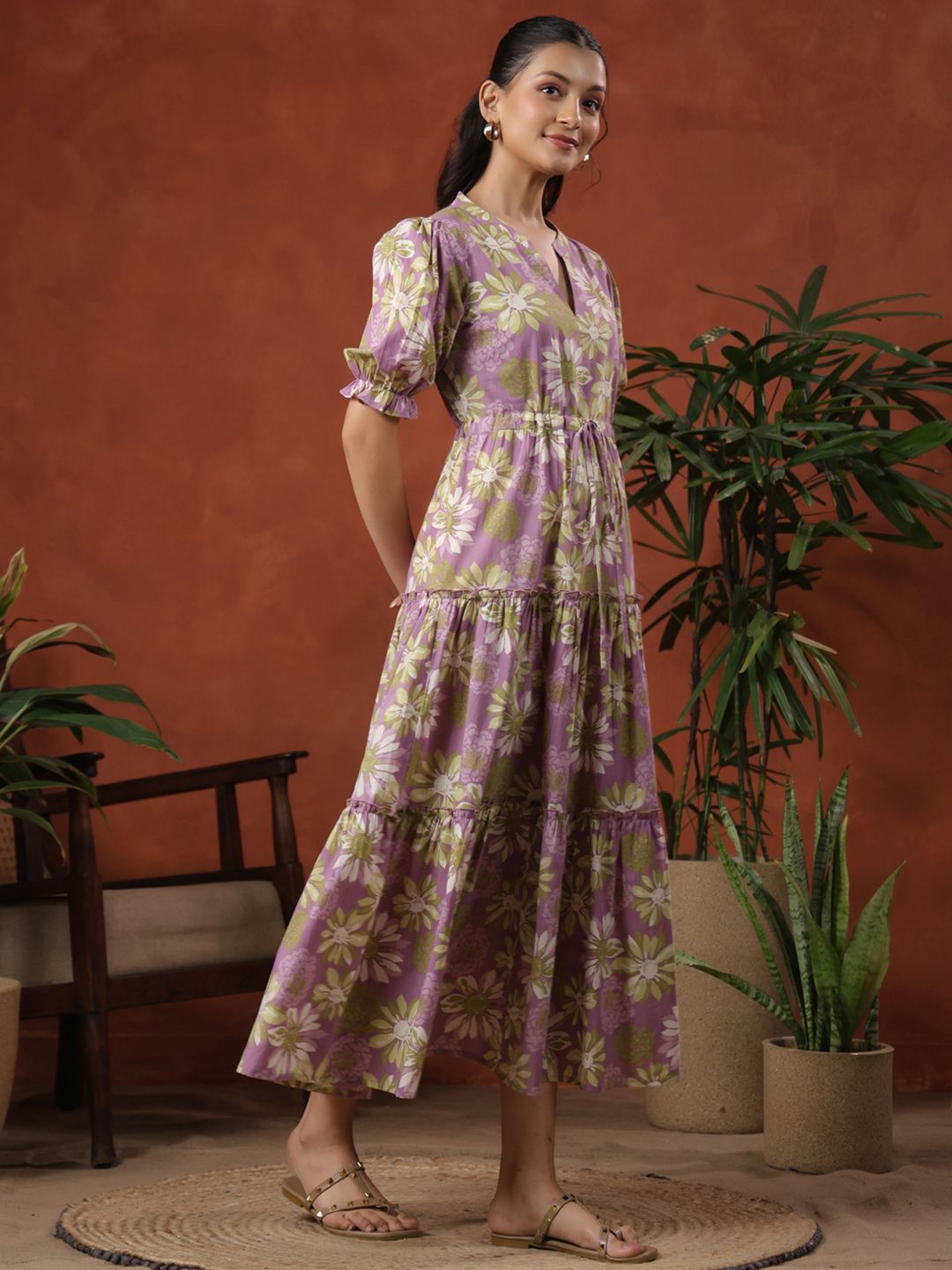 Dhiyona AY Women's Floral Print Tie-Up Tiered Cotton Maxi Fit & Flare Dress