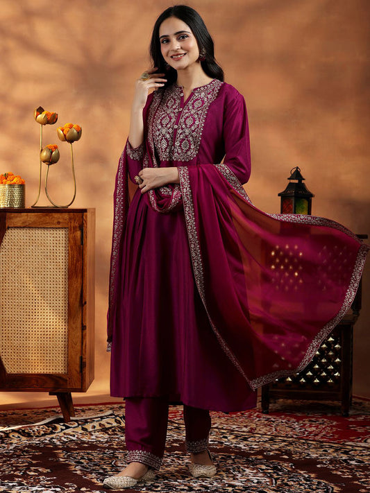 Floral Yoke Design Zari Panelled Thread Work A Line Kurta with Palazzos & Dupatta