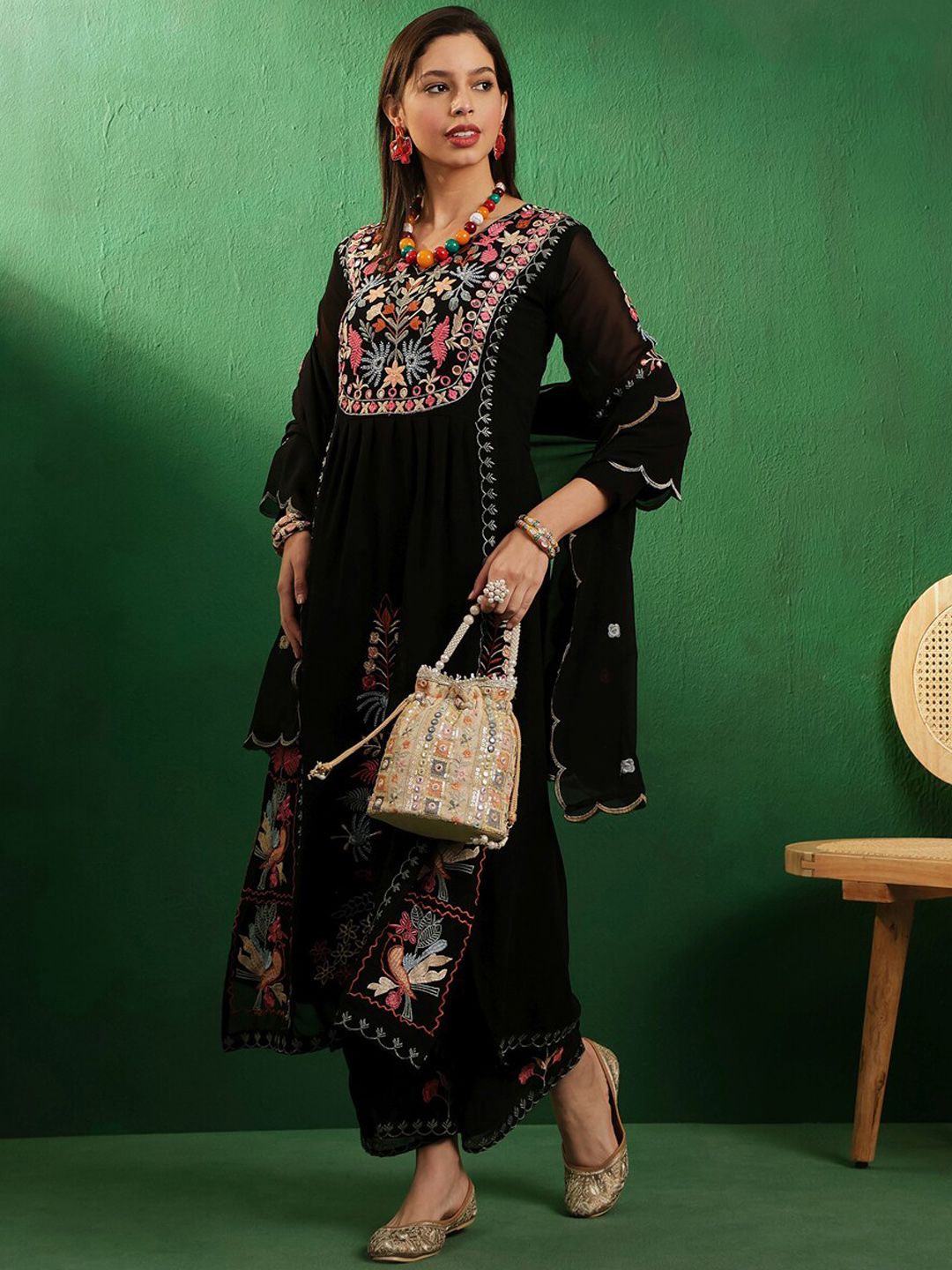 Dhiyona SN V Neck Floral Embroidered A Line Kurta with Palazzos & Dupatta