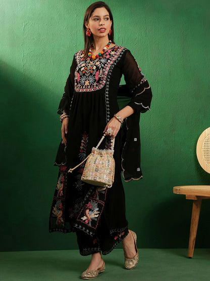 Dhiyona SN V Neck Floral Embroidered A Line Kurta with Palazzos & Dupatta