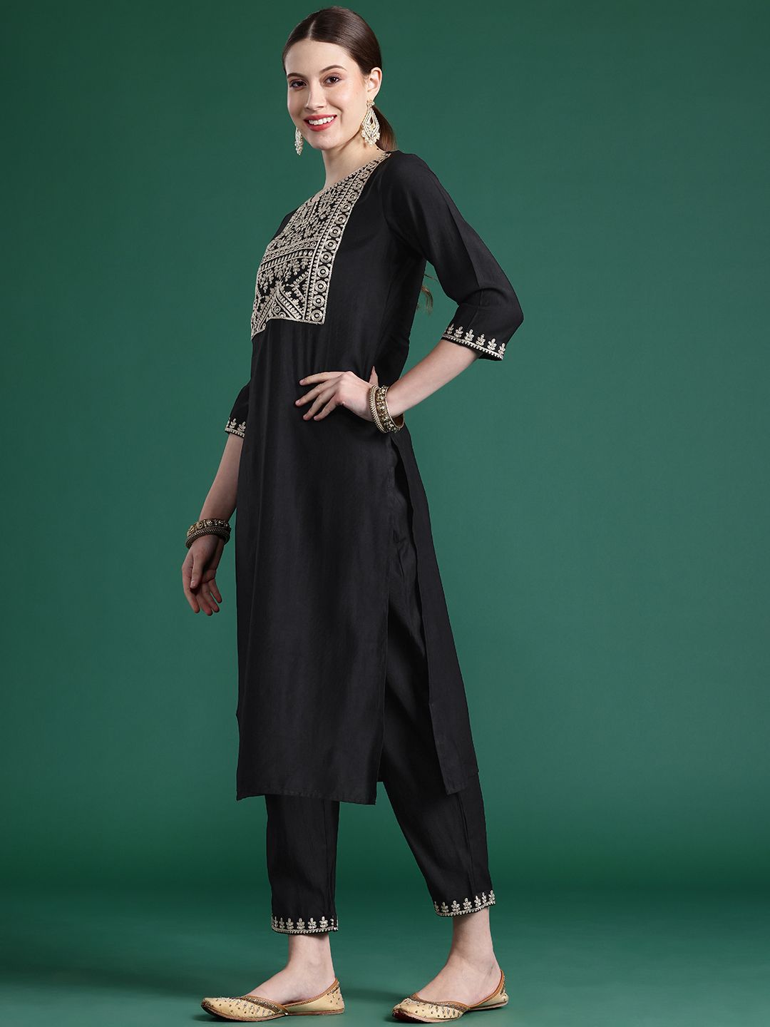Yoke Design Zari Liva Kurta With Trousers & Dupatta