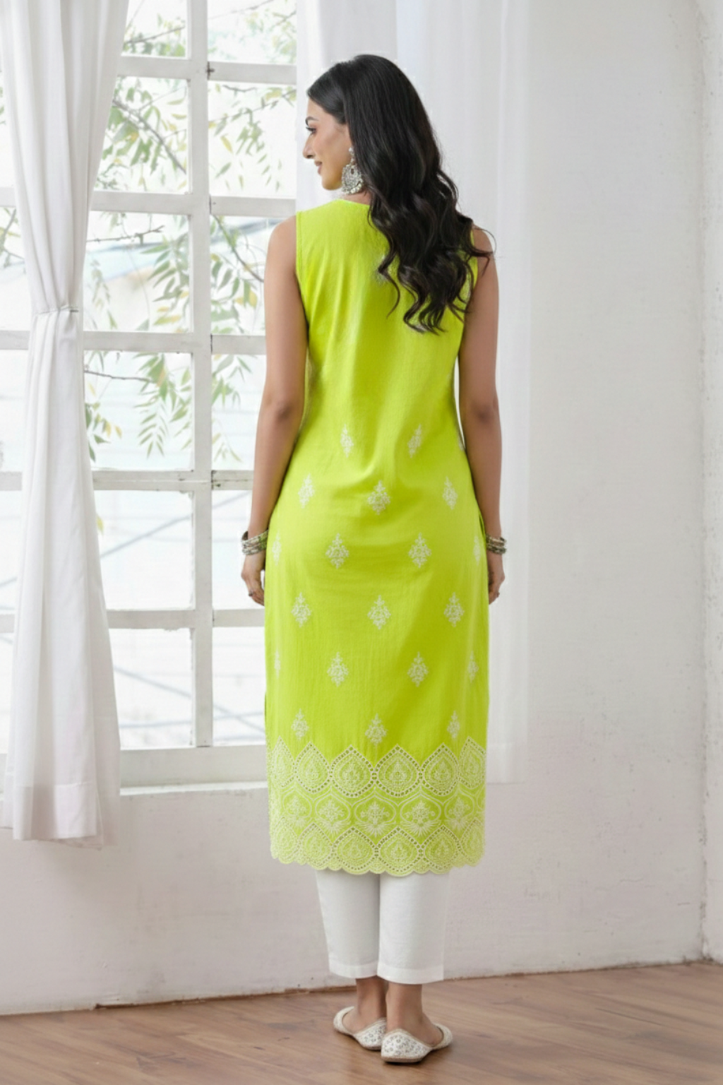Dhiyona ST 2 Pc Set - Sinful Green Cotton Allover Embroidered Schffli Sleeveless Kurta with Pants