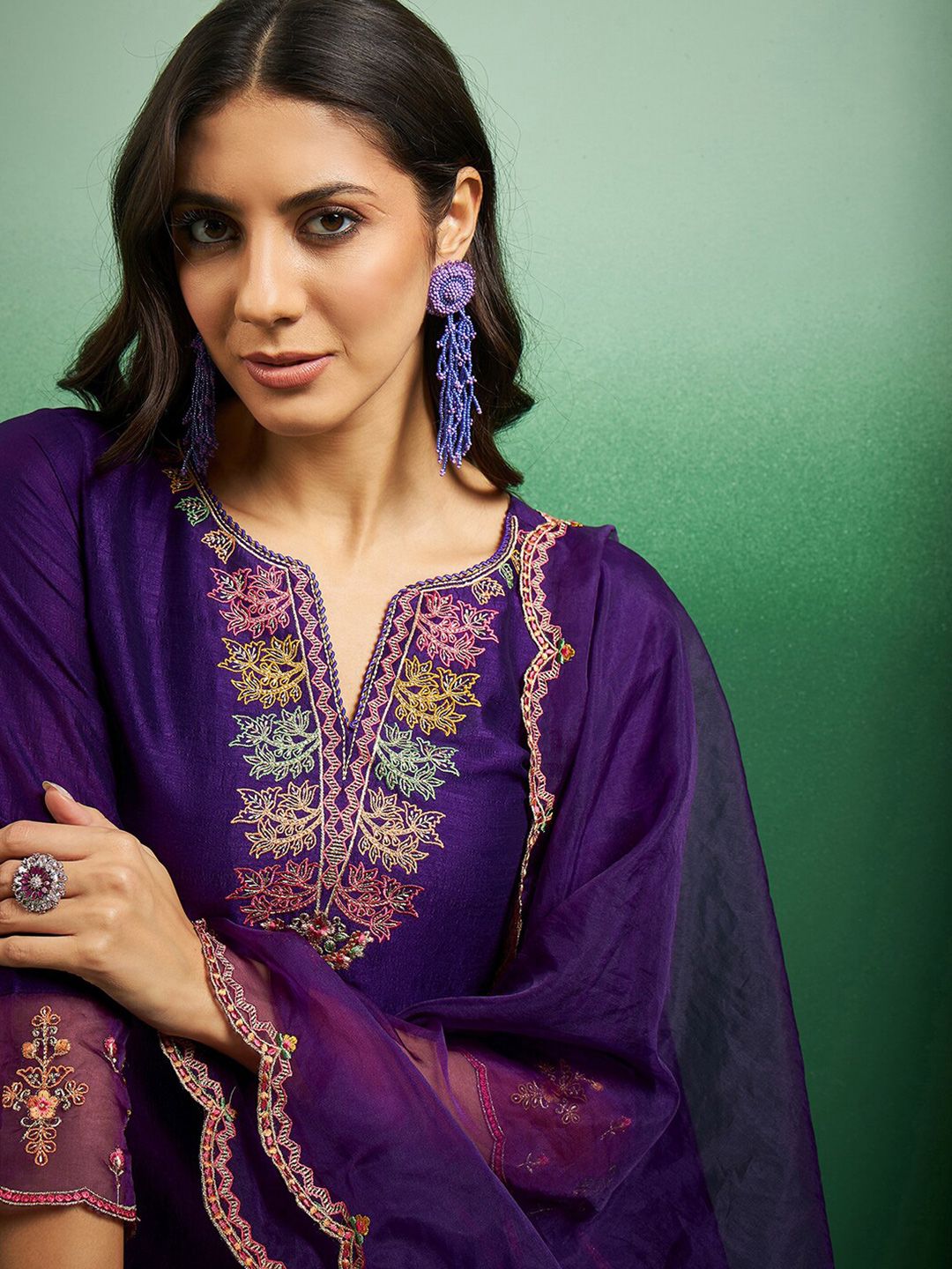 Dhiyona SN Women's Embroidered Notch Neck Kurta With Palazzo & Dupatta