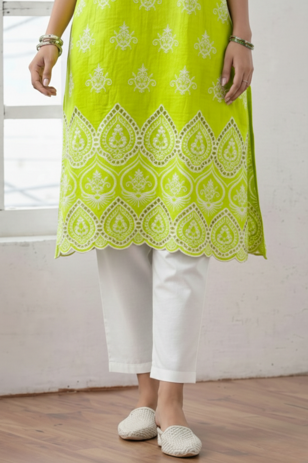 Dhiyona ST 2 Pc Set - Sinful Green Cotton Allover Embroidered Schffli Sleeveless Kurta with Pants