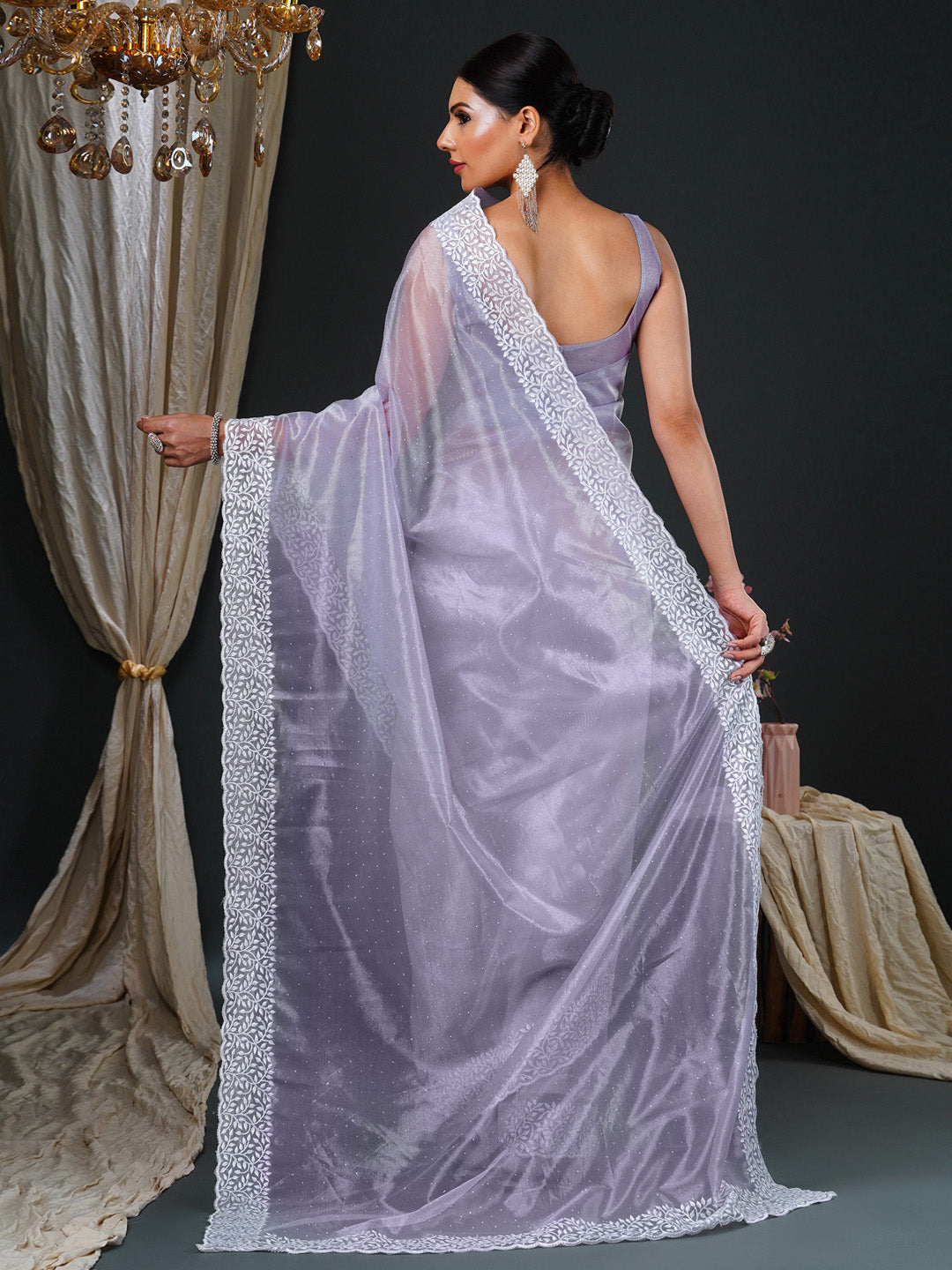 Women's Organza Lavendar Embroidered Designer Saree With Blouse Piece