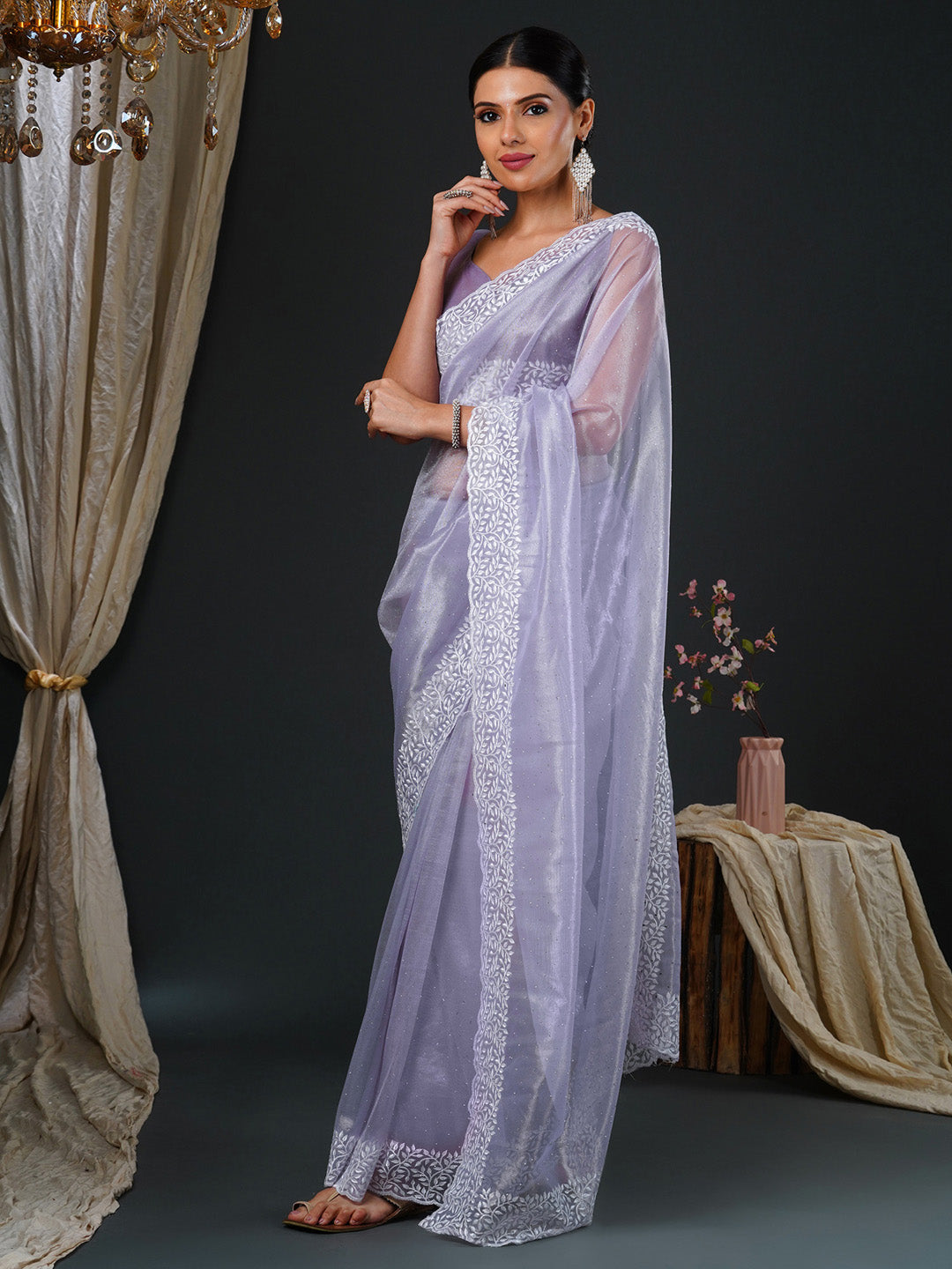 Women's Organza Lavendar Embroidered Designer Saree With Blouse Piece
