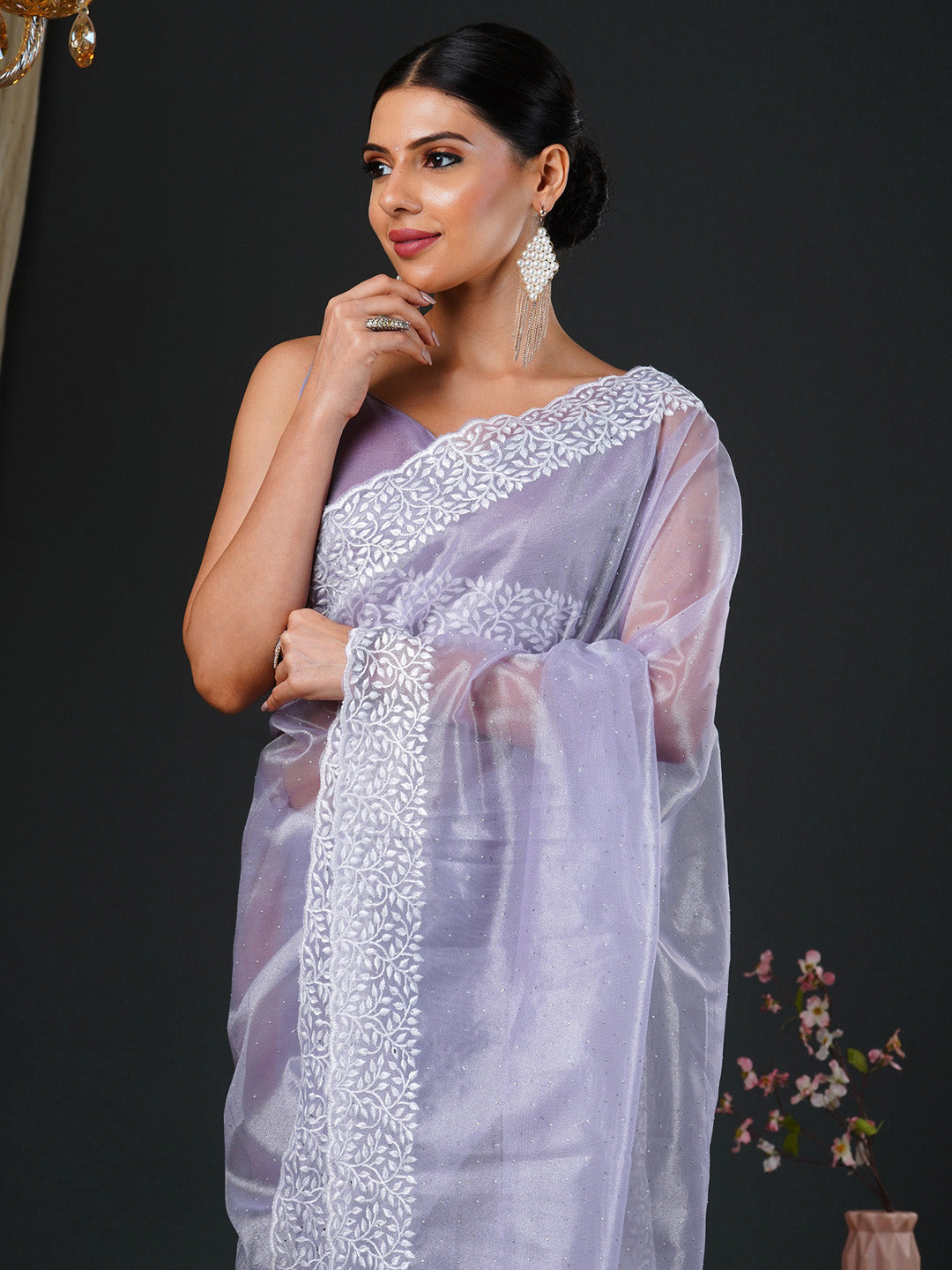 Women's Organza Lavendar Embroidered Designer Saree With Blouse Piece