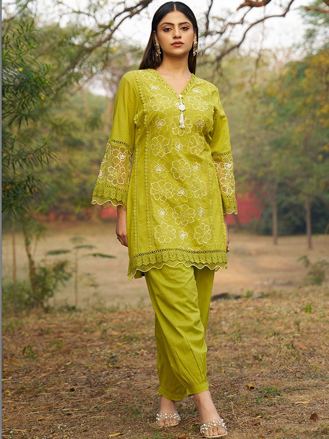 Embroidered Pure Cotton V-Neck Kurti & Salwar