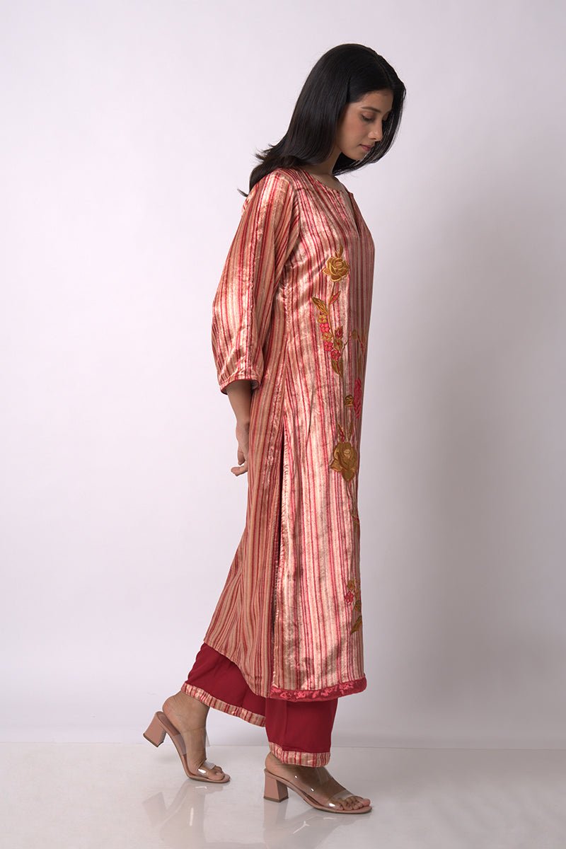 Women's Maroon and Beige Silk Velvet Salwar Suit