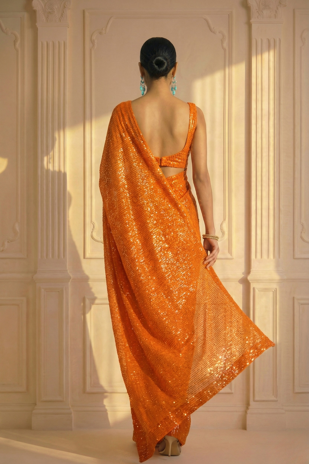 Dhiyona ST Tangerine Knitted Sequin Saree with Blouse Fabric