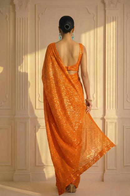 Dhiyona ST Tangerine Knitted Sequin Saree with Blouse Fabric