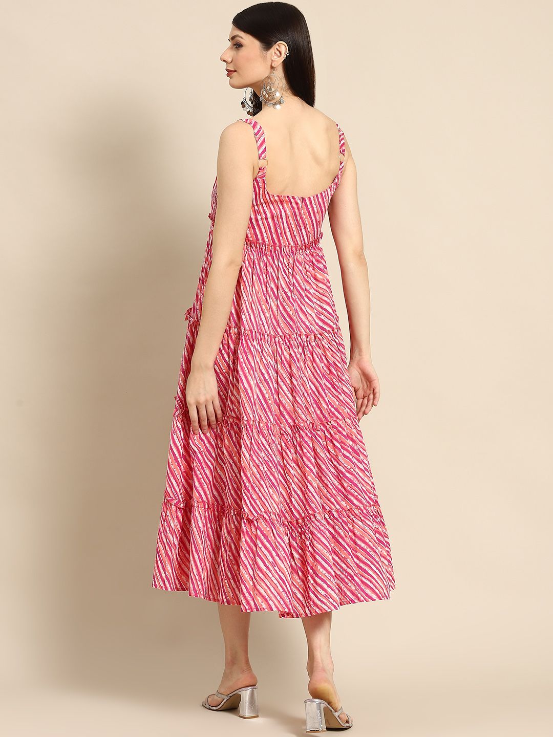 Dhiyona AY Women's Pink & White Leheriya Printed Ruffle Pure Cotton Tiered A-Line Midi Dress