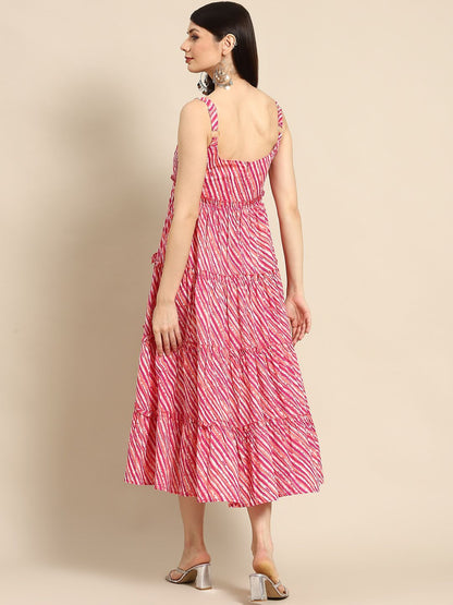 Dhiyona AY Women's Pink & White Leheriya Printed Ruffle Pure Cotton Tiered A-Line Midi Dress