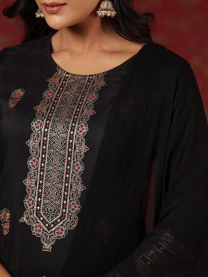 Dhiyona IS Women's Black Ethnic Motifs Printed Straight Kurta & Trouser With Dupatta