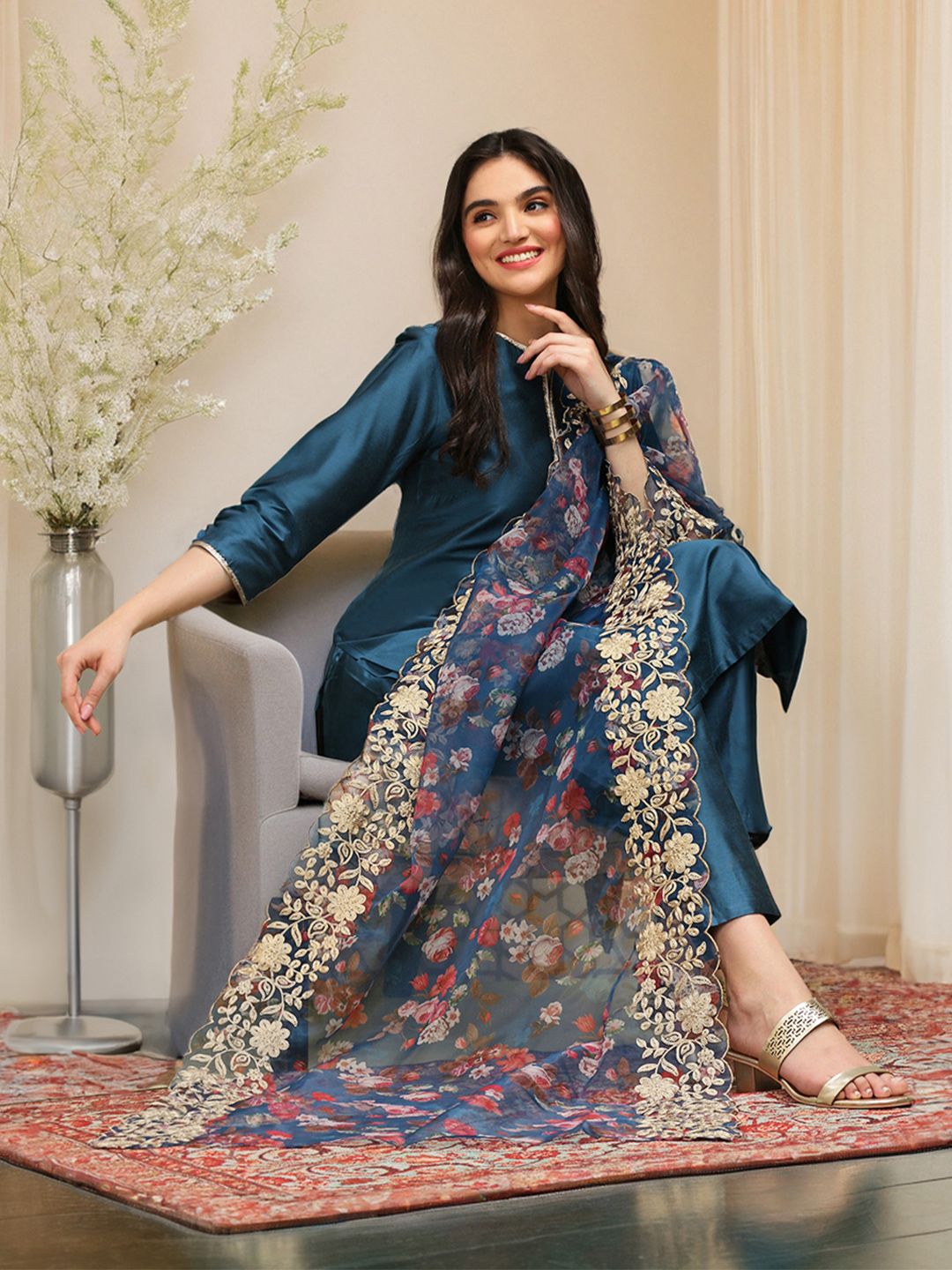 Dhiyona IS Women's Notch Neck Thread Work Silk Crepe Straight Kurta with Trousers & Dupatta
