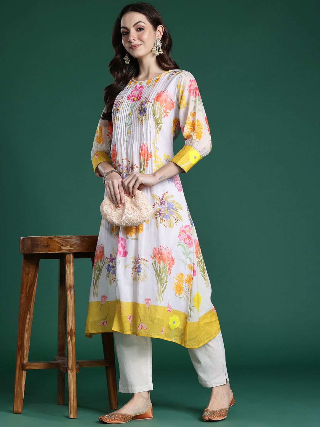 Dhiyona IE Floral Printed Pleated Pure Cotton A-Line Kurta with Trousers