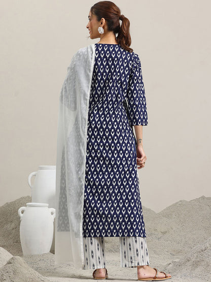 Abstract Printed Pure Cotton Straight Kurta with Trousers & Dupatta