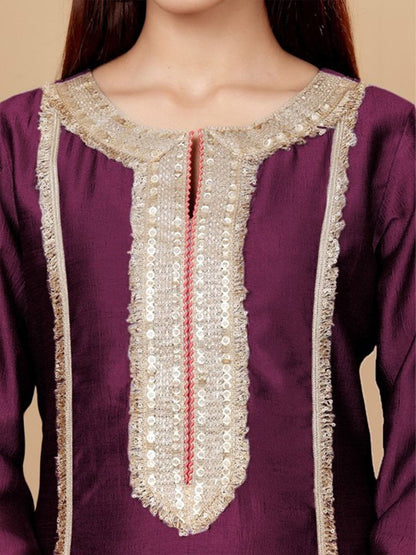 Purple Yoke Design Regular Sequinned Kurta with Trousers & With Dupatta