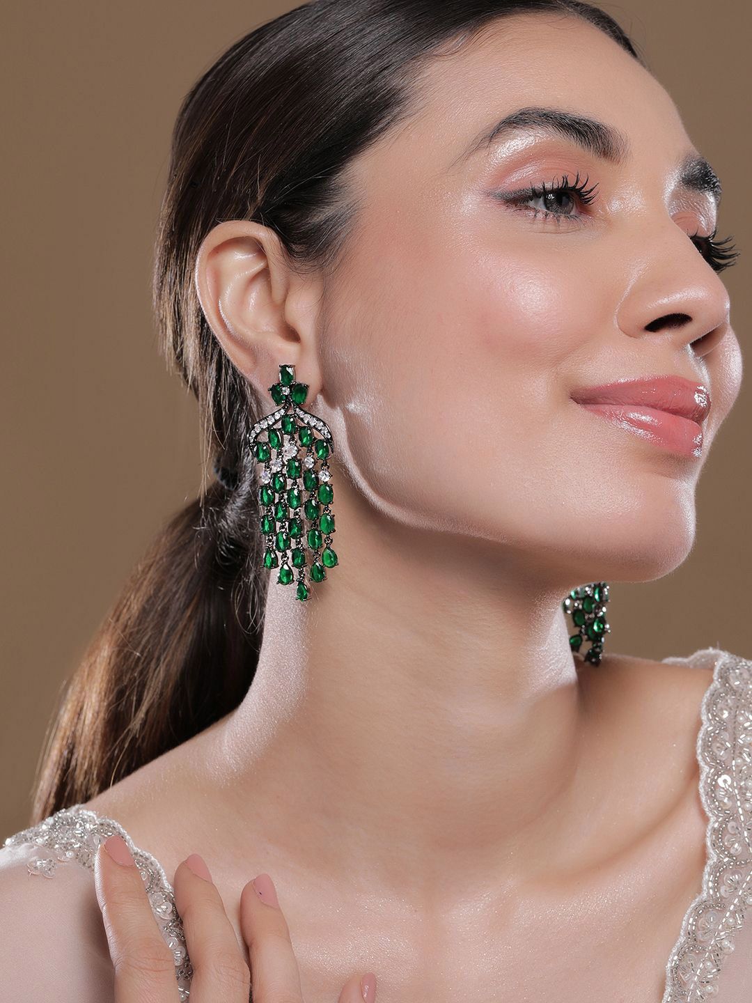 Dhiyona RJ Women's Rhodium-Plated Contemporary American Diamond Chandbalis Earrings