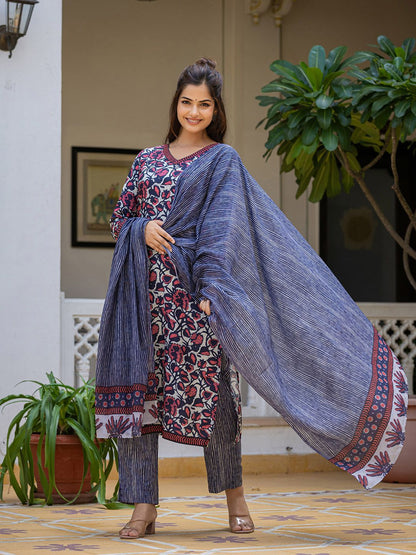 Dhiyona KL Floral Printed V Neck Straight Kurta With Trousers & Dupatta
