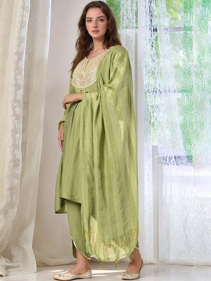 Yoke Design V-Neck A-Line Fusion Kurta With Dhoti Pants & Dupatta