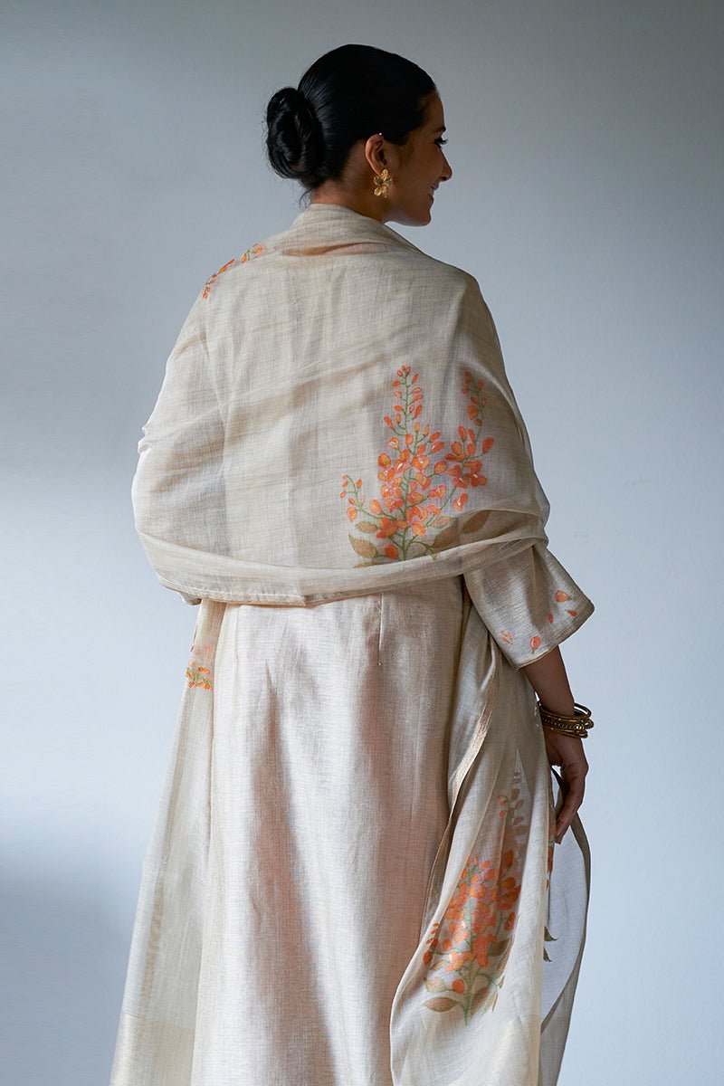 Women's Beige Woven Kurta Suit Set With Delicate Hand Work Detailing and Embroidery Placket