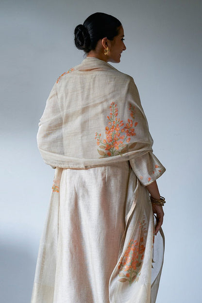 Women's Beige Woven Kurta Suit Set With Delicate Hand Work Detailing and Embroidery Placket