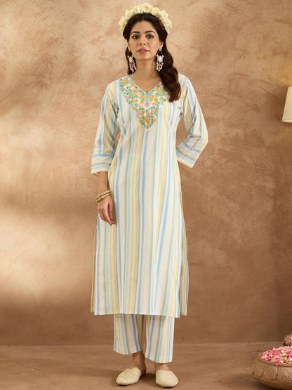 Women Floral Embroidered Regular Thread Work Pure Cotton Kurta with Trousers