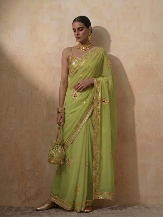 Dhiyona ST Mehndi Chiffon Saree with Gota Patti Handwork Patches with Self Fabric Blouse