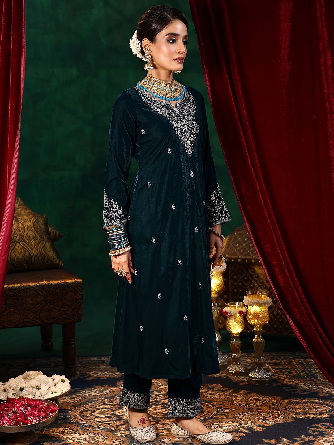 Dhiyona LL Floral Embroidered Straight Sequinned Velvet Kurta with Palazzos & Dupatta