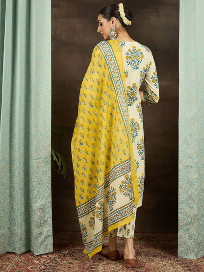 Women Floral Printed Cotton Kurta with Pyjama & Dupatta