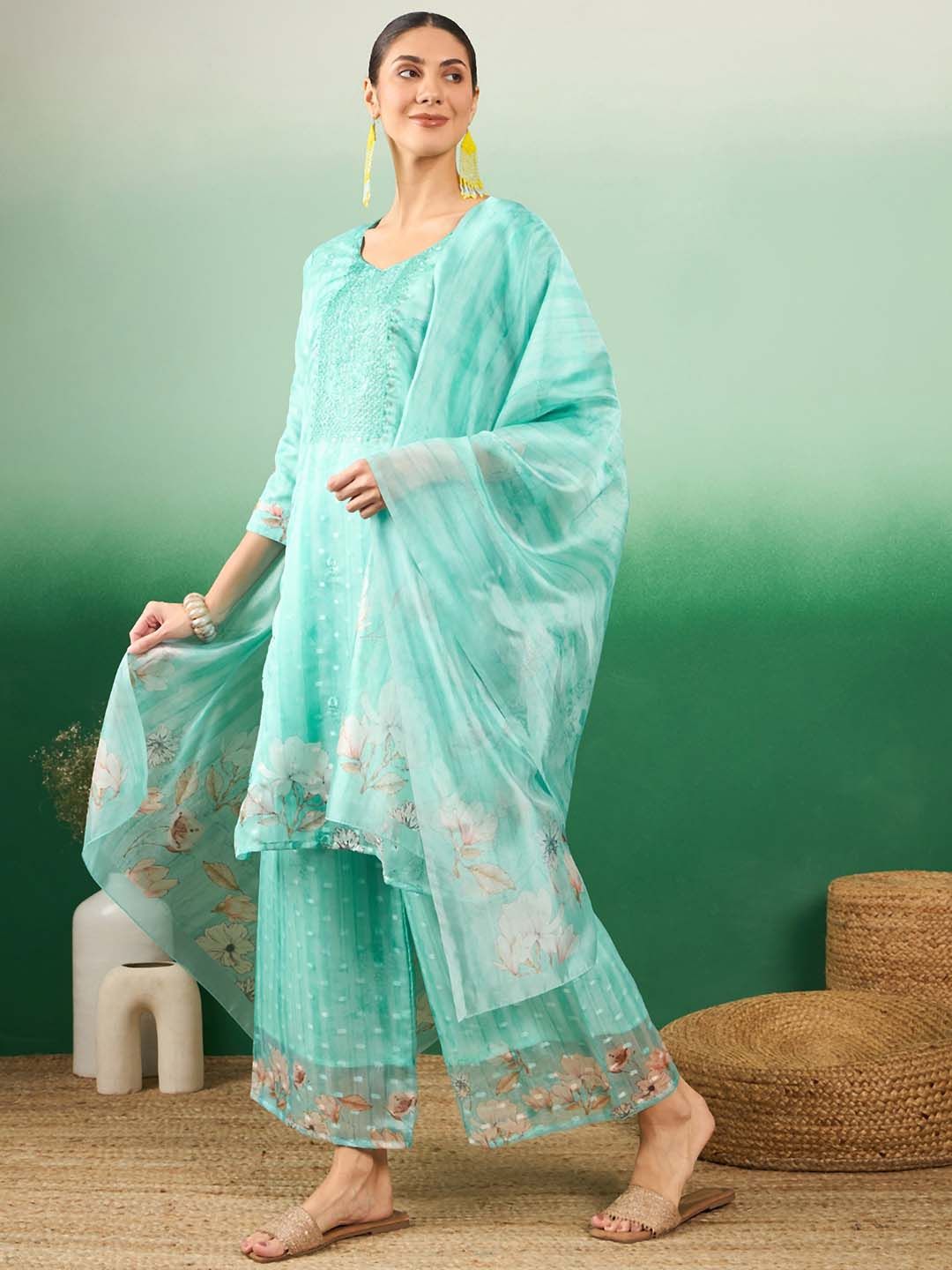 Dhiyona SN Floral Embroidered Regular Sequinned Kurti with Palazzos & With Dupatta