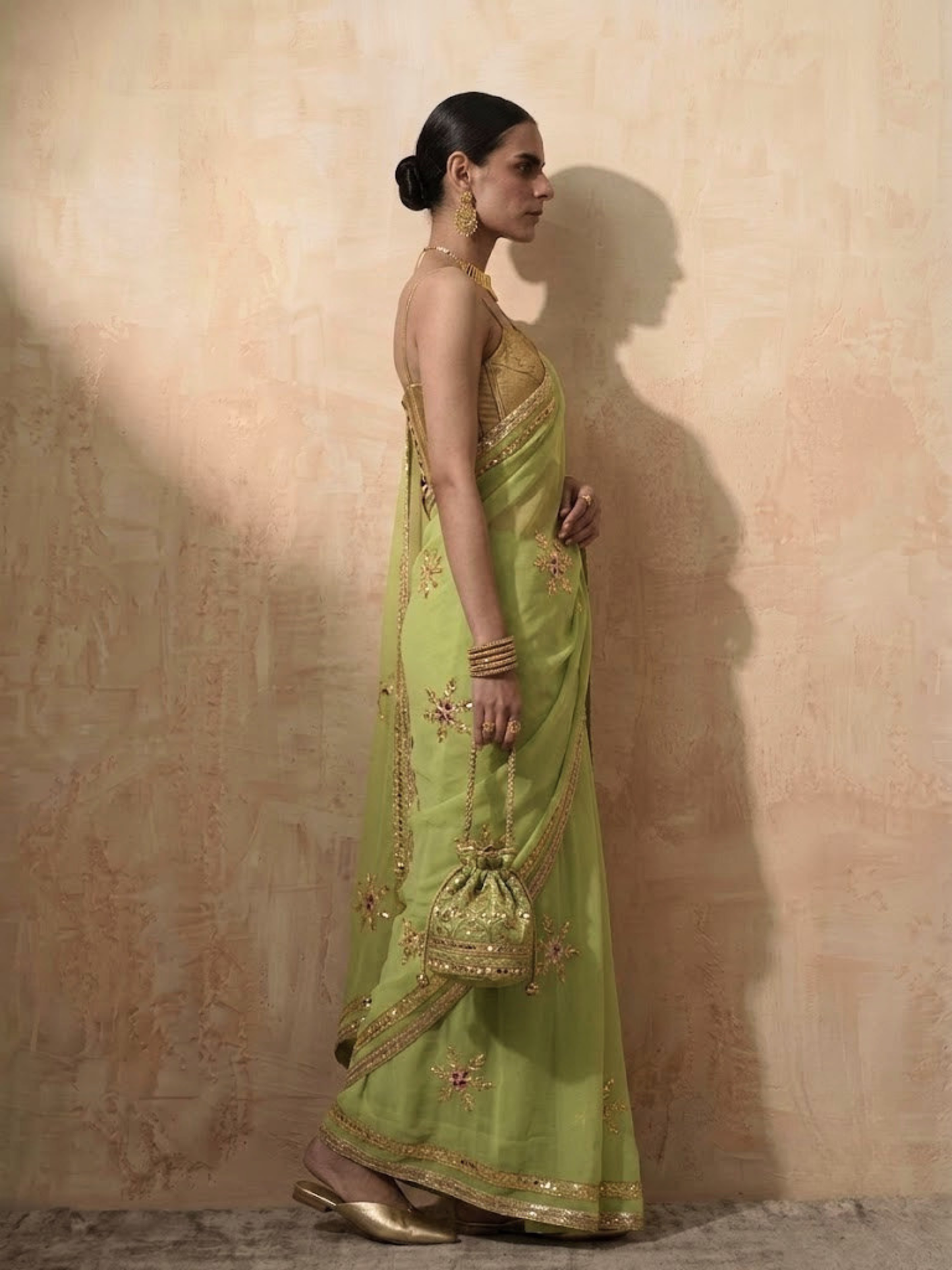 Dhiyona ST Mehndi Chiffon Saree with Gota Patti Handwork Patches with Self Fabric Blouse