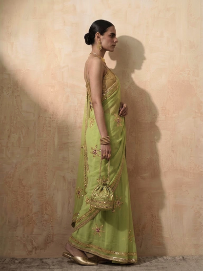 Dhiyona ST Mehndi Chiffon Saree with Gota Patti Handwork Patches with Self Fabric Blouse