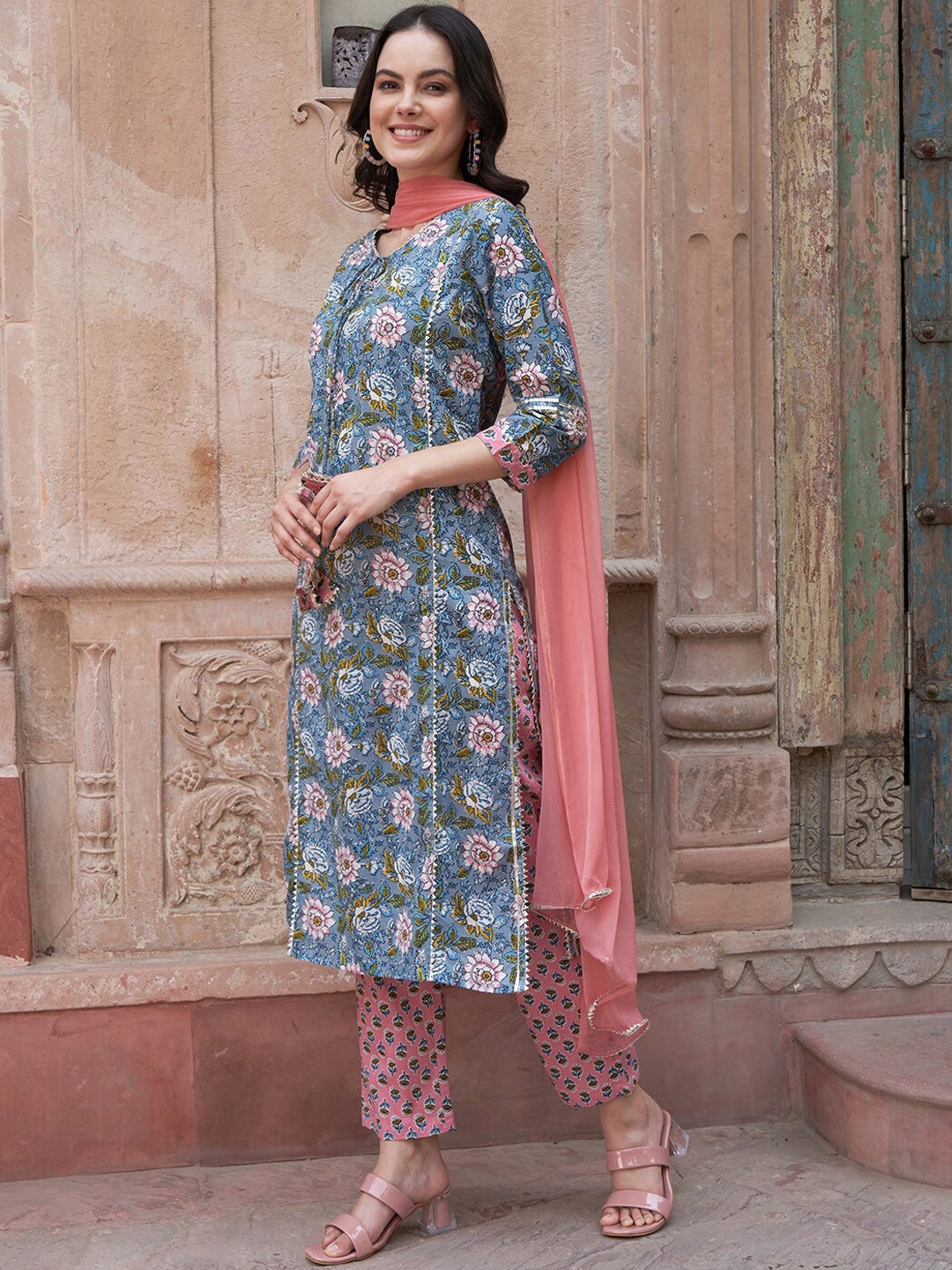 Blue Floral Printed Gotta Patti Pure Cotton Kurta with Trousers & Dupatta