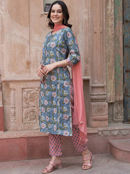 Blue Floral Printed Gotta Patti Pure Cotton Kurta with Trousers & Dupatta