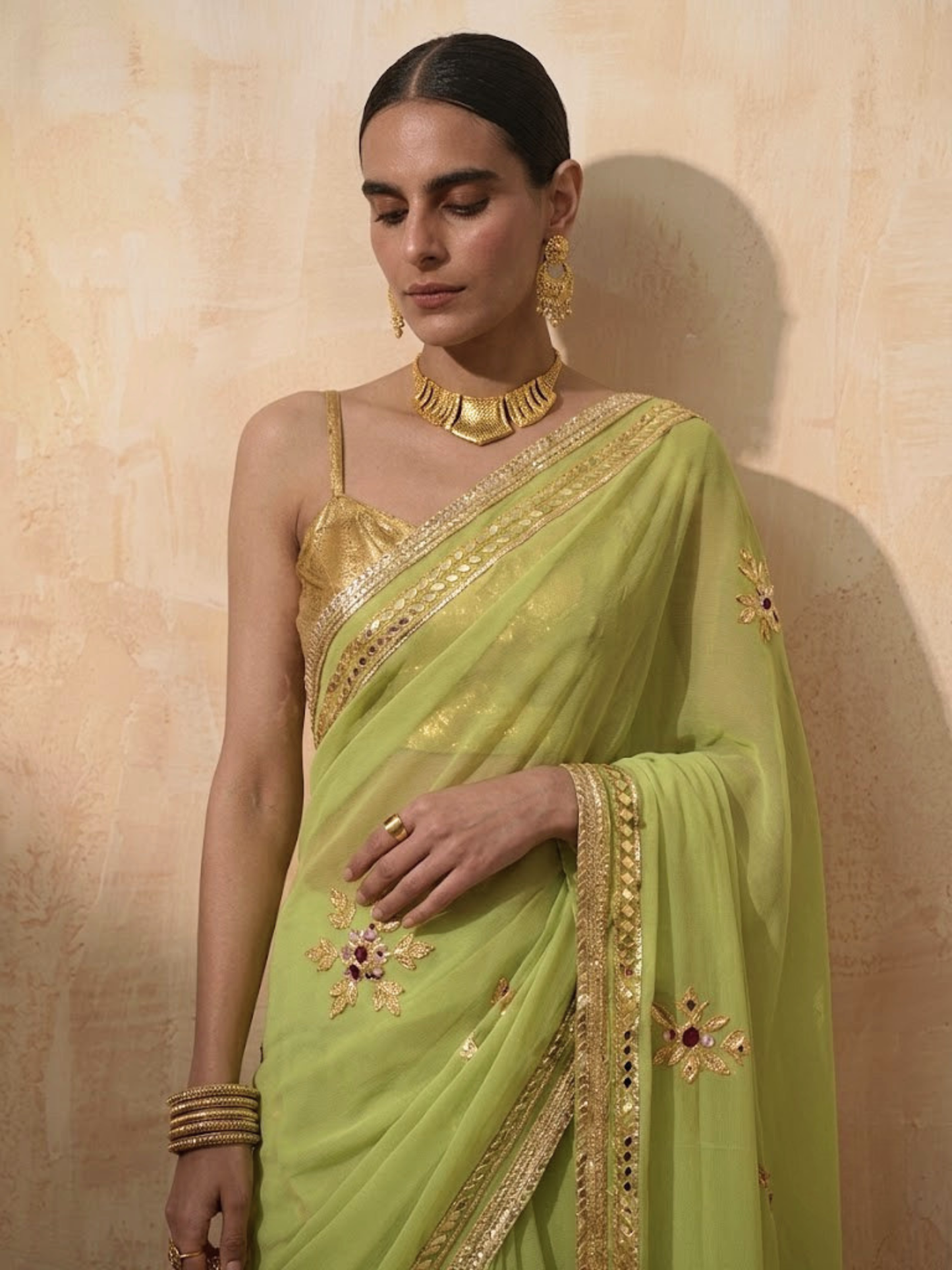 Dhiyona ST Mehndi Chiffon Saree with Gota Patti Handwork Patches with Self Fabric Blouse