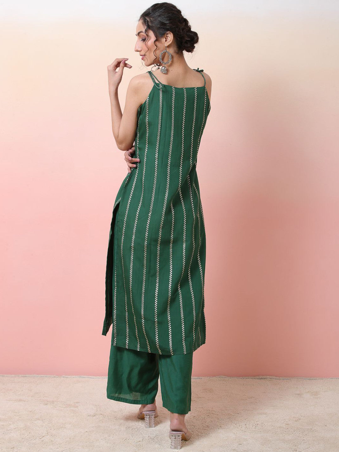 Striped Sleeveless Chanderi Silk Straight Kurta With Palazzos