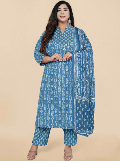 Dhiyona KL Plus Size Floral Printed Gotta Patti Pure Cotton Kurta Set & With Dupatta