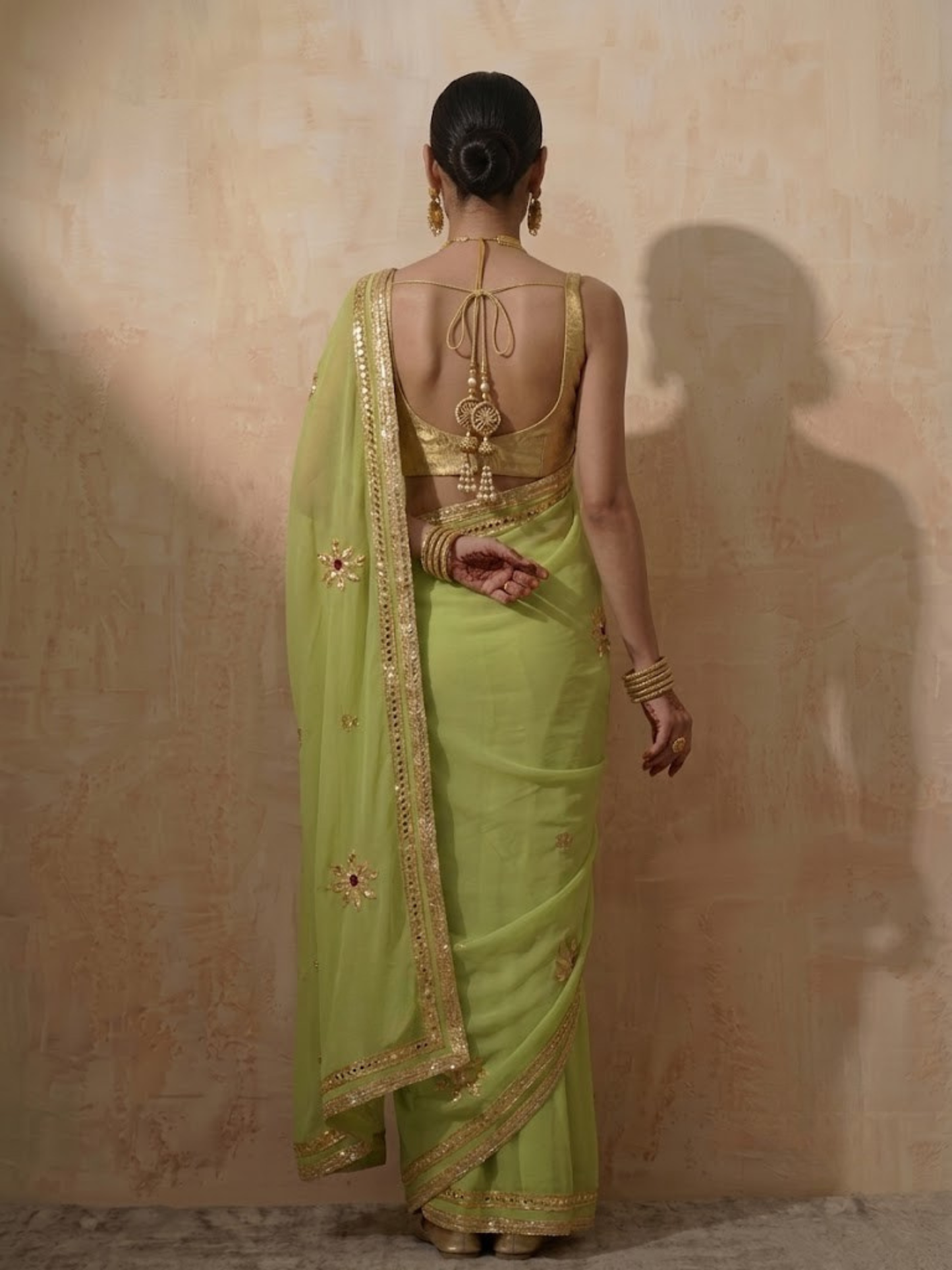 Dhiyona ST Mehndi Chiffon Saree with Gota Patti Handwork Patches with Self Fabric Blouse