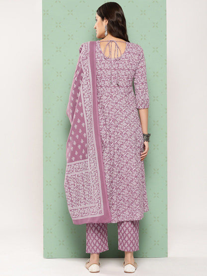 Dhiyona KL Ethnic Motifs Printed Pure Cotton Anarkali Kurta with Trousers & Dupatta