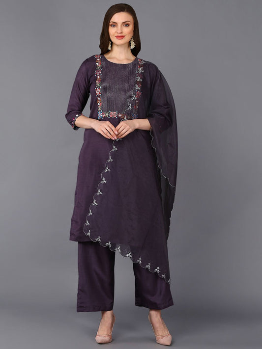 Dhiyona KL Ethnic Motifs Yoke Designed Regular Thread Work Kurta with Palazzos & Dupatta