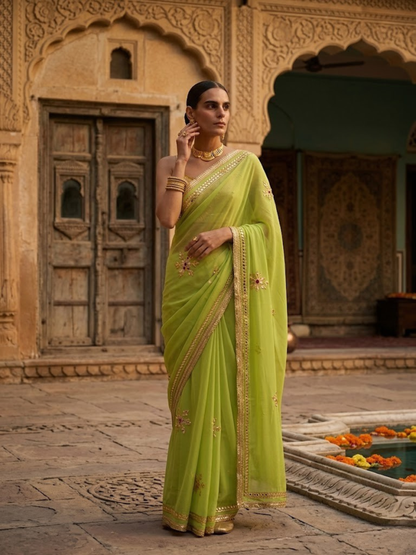 Dhiyona ST Mehndi Chiffon Saree with Gota Patti Handwork Patches with Self Fabric Blouse