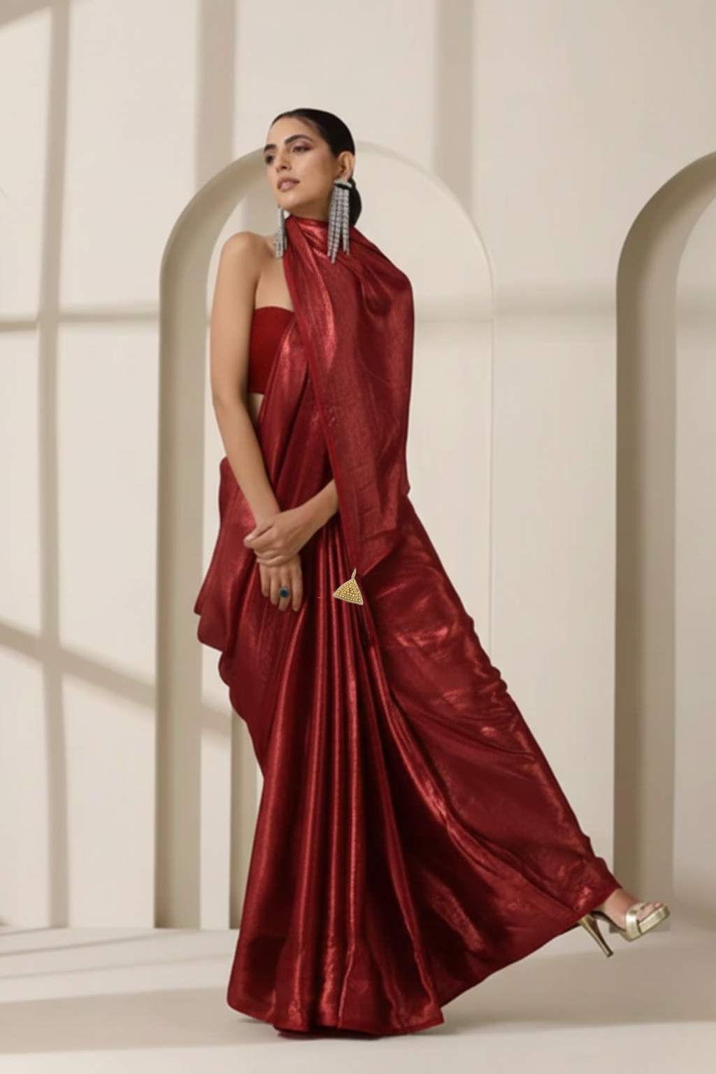 Dhiyona ST Cruella Red Gold Chiffon Saree with Pendants with Self Blouse Fabric