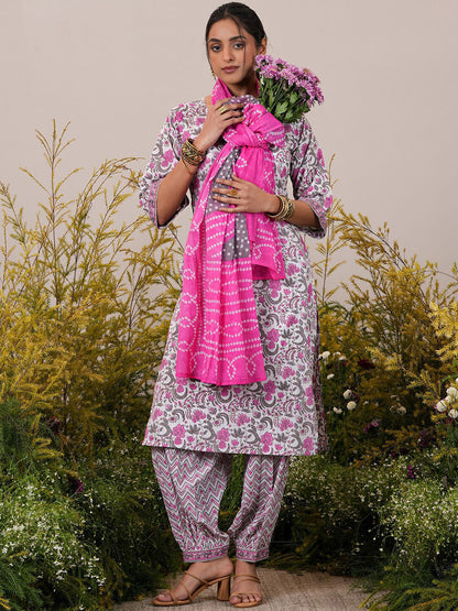 Floral Printed Regular Pure Cotton Kurta With Salwar & Dupatta