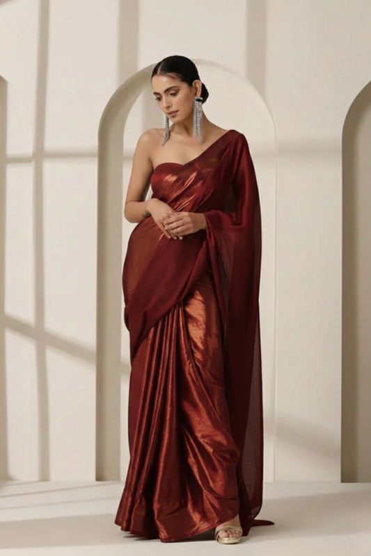 Dhiyona ST Cruella Red Gold Chiffon Saree with Pendants with Self Blouse Fabric