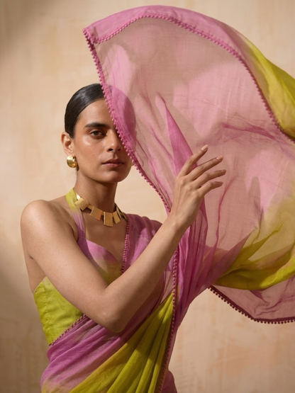 Dhiyona ST Lilac and Green Ombre Chiffon Saree with Self Fabric Blouse