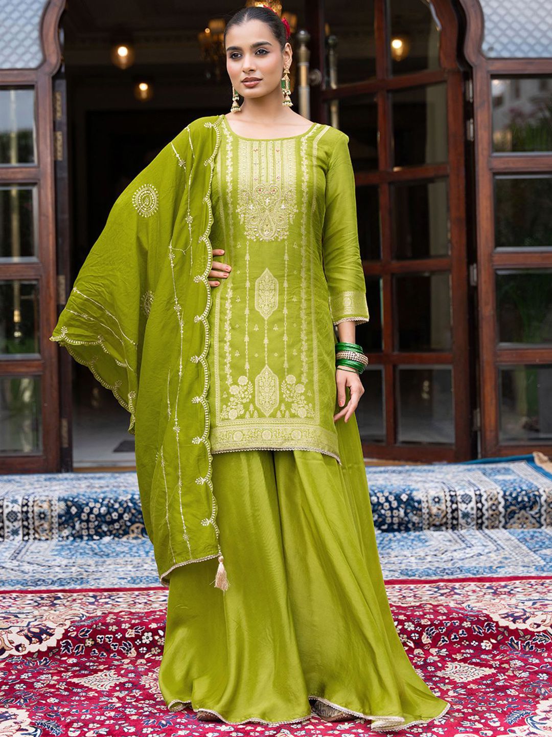 Dhiyona CH Ethnic Motifs Embroidered Thread Work Straight Kurta With Palazzos & Dupatta